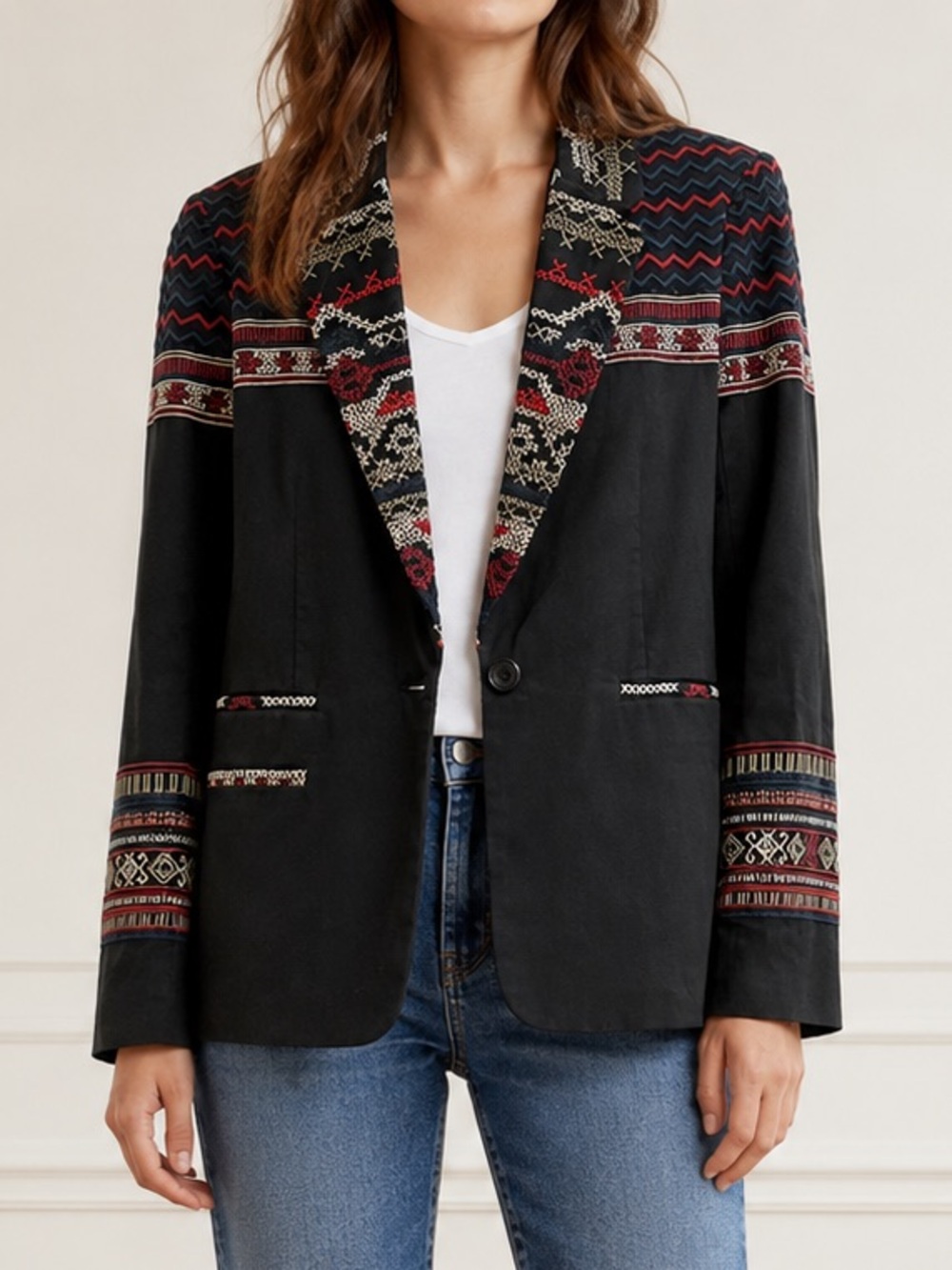 Joie Blazer Size 10 Black Embroidered Southwestern Western Boho Jacket Cotton